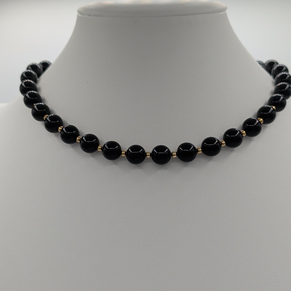 Vintage Monet Black Beaded Choker Necklace Gold Tone Spacers 15" - Picture 1 of 13